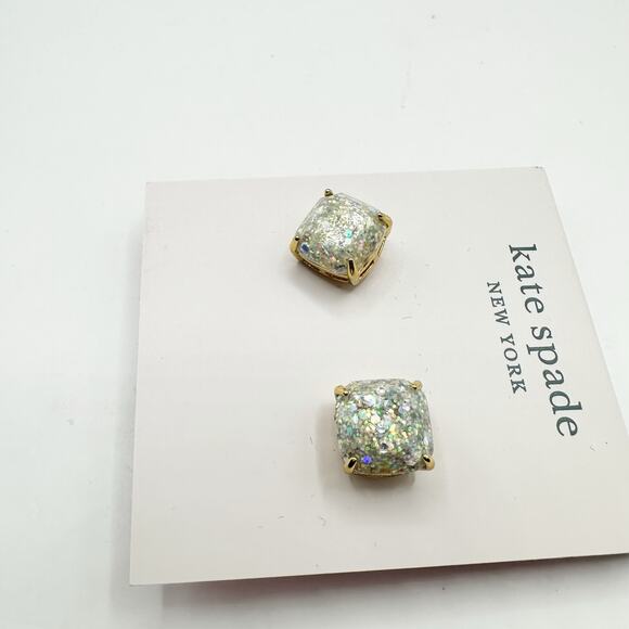 Kate Spade Glitter Stud Earring Mini Square Silver Opal Designer Jewelry Studs - Picture 12 of 13